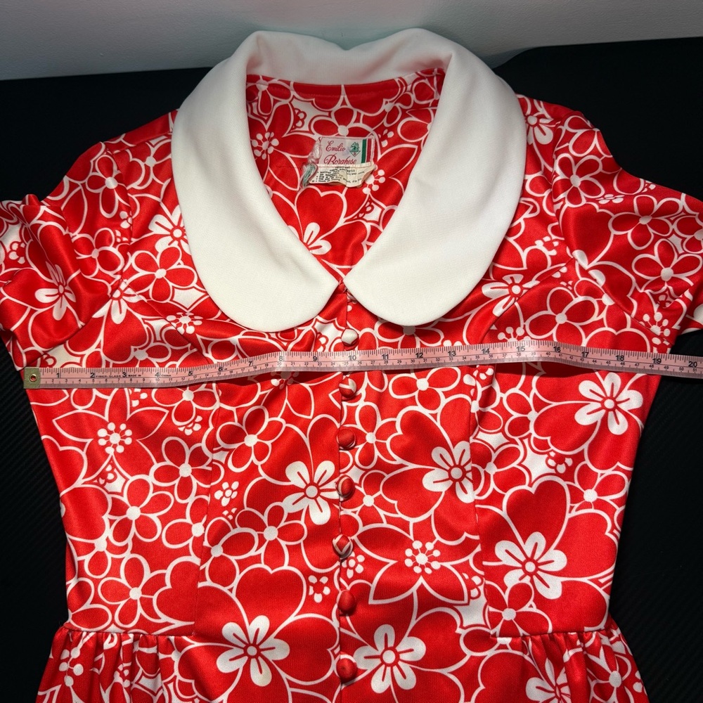 🌺 Vintage Emilio Borghese Red Floral Mod Dress Peter Pan Collar 70s Flawed Sz M - Picture 11 of 16